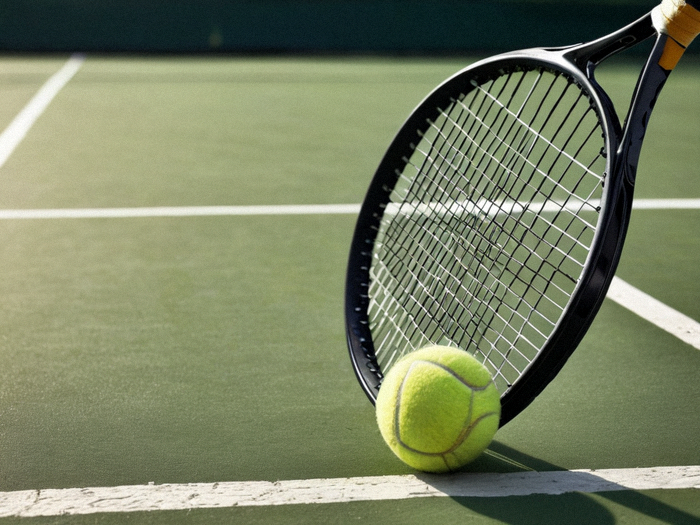 网球拍与网球在球场上的特写画面